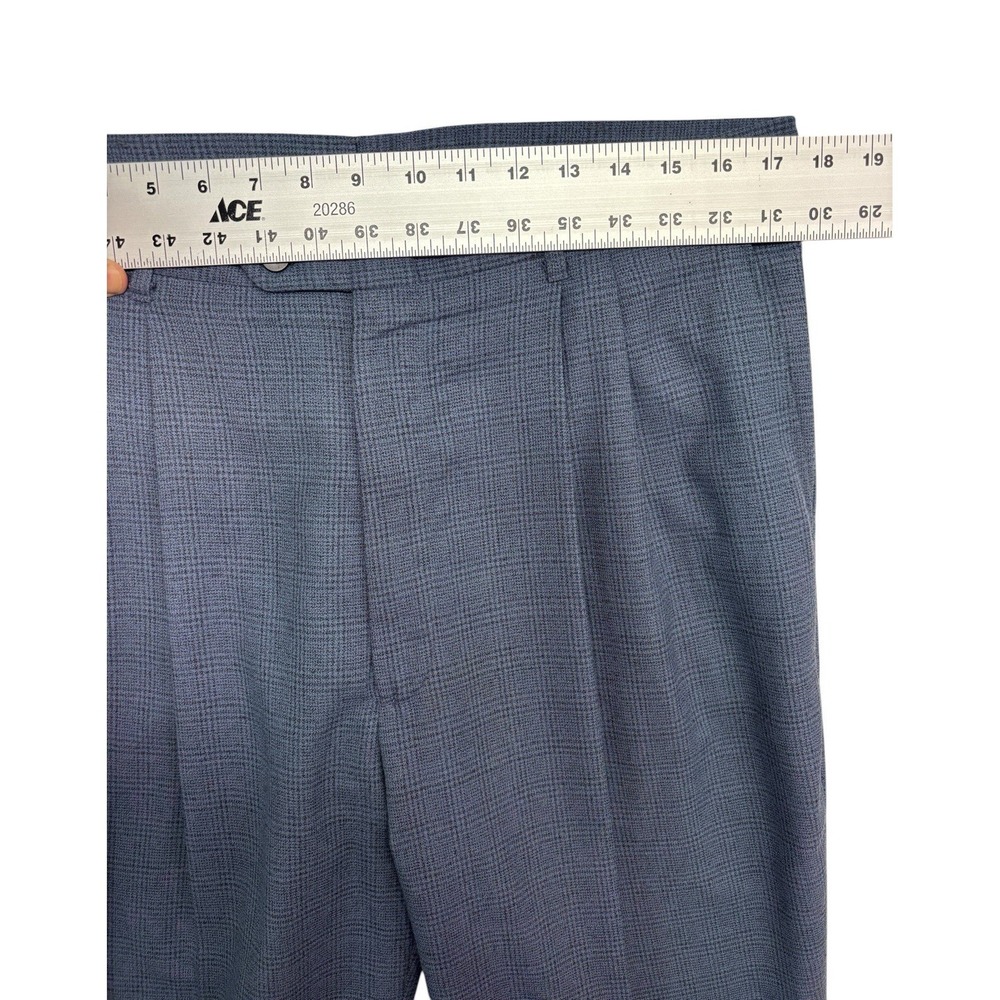 vtg USA Blue Plaid 34x30 High Waisted Pleated Dress Suit Pants Relaxed Taper - Picture 2 of 8